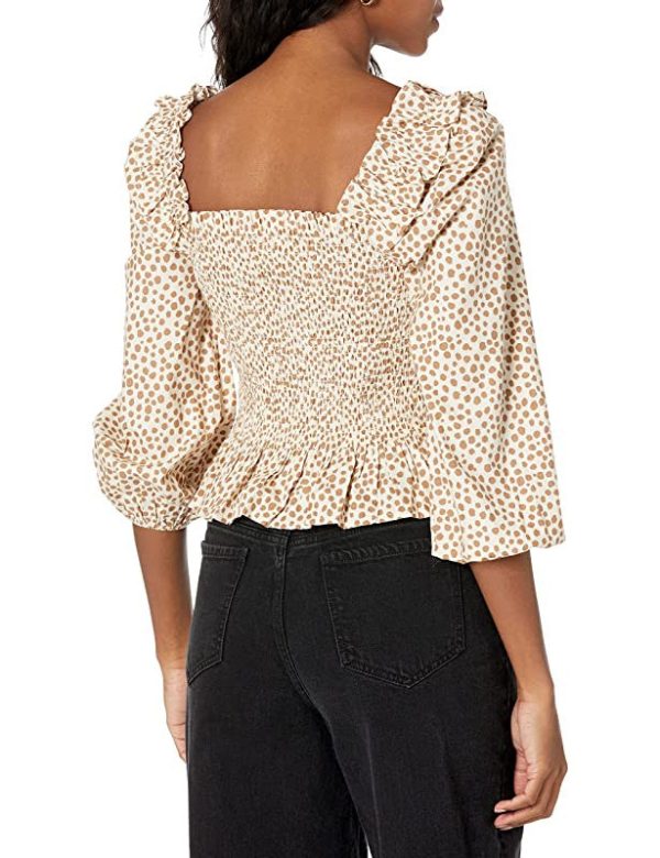 The Drop Marisol Top Corto de Nido de Abeja de Manga Larga con Volantes para Mujer, Estampado de lunares blanco praliné, 3XL Grande Online Sale