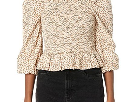 The Drop Marisol Top Corto de Nido de Abeja de Manga Larga con Volantes para Mujer, Estampado de lunares blanco praliné, 3XL Grande Online Sale