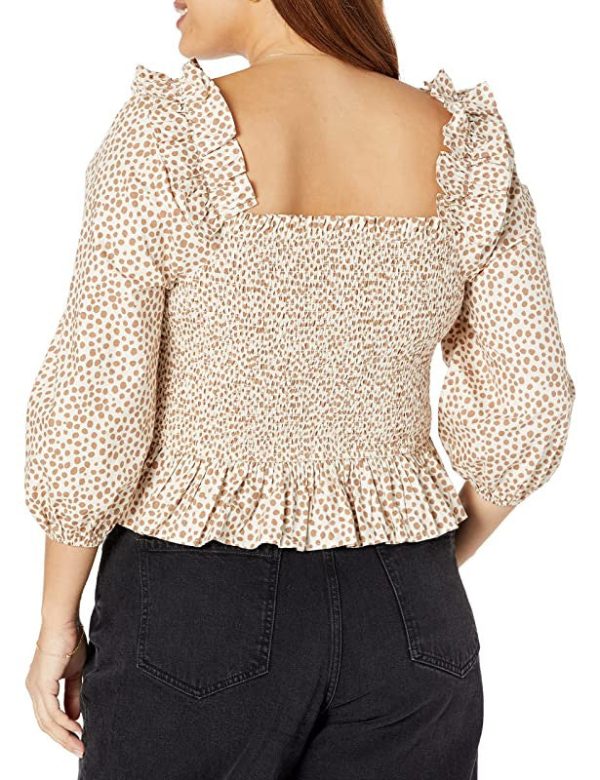 The Drop Marisol Top Corto de Nido de Abeja de Manga Larga con Volantes para Mujer, Estampado de lunares blanco praliné, 3XL Grande Online Sale